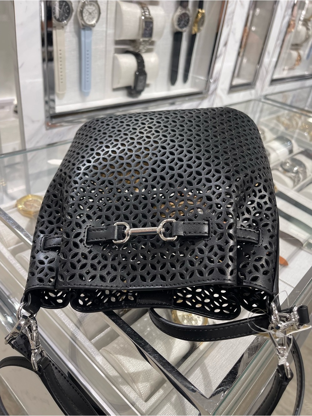 NWT MICHAEL KORS Carson Small Floral Laser-Cut Bucket Bag in Black - Picture 12 of 14